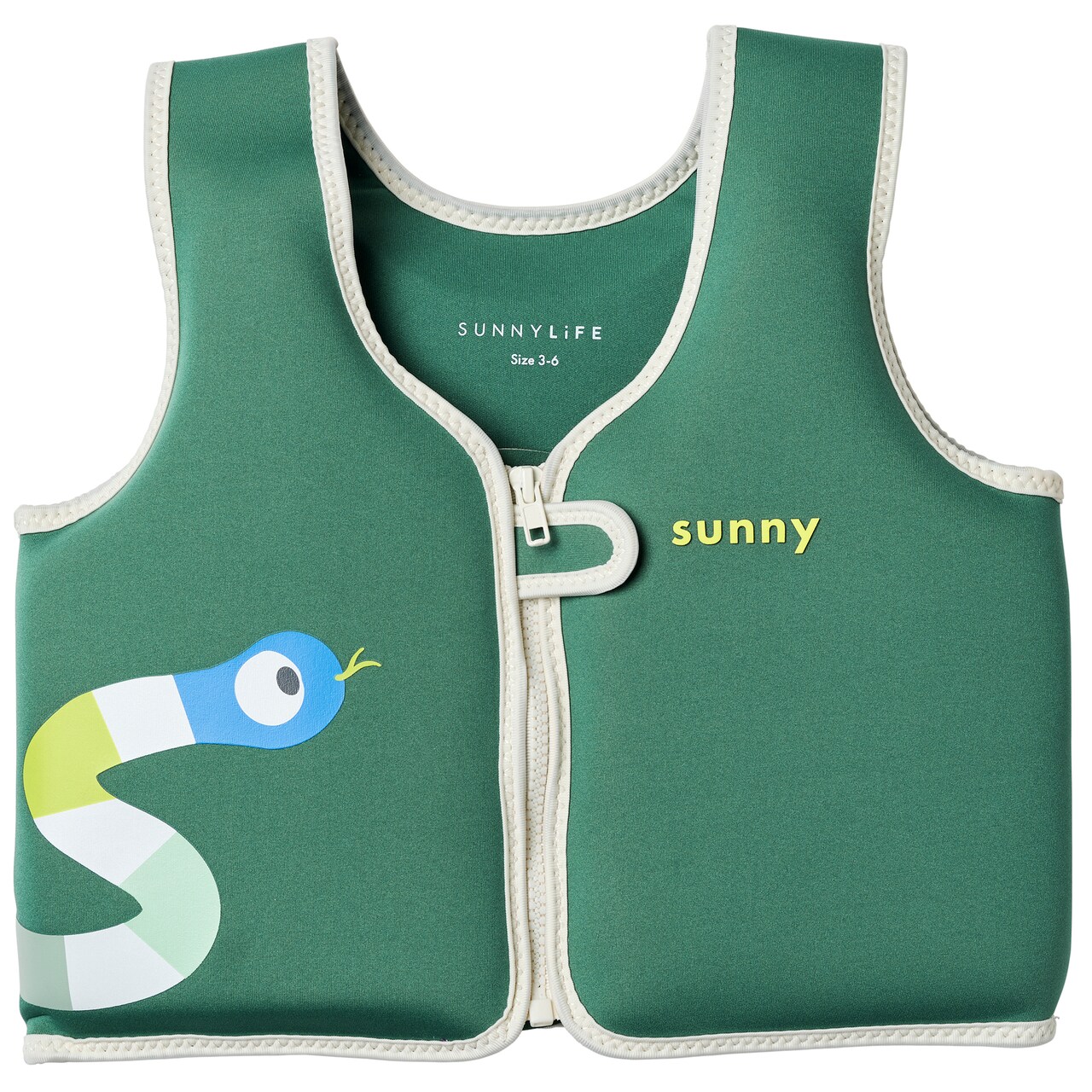 Sunnylife: Kids Float Vest 3-6 - Into the Jungle - Green & Snake, Children Up To 66lbs, Pool & Water Jacket, Zip Front, Safety Strap, Natural Rubber